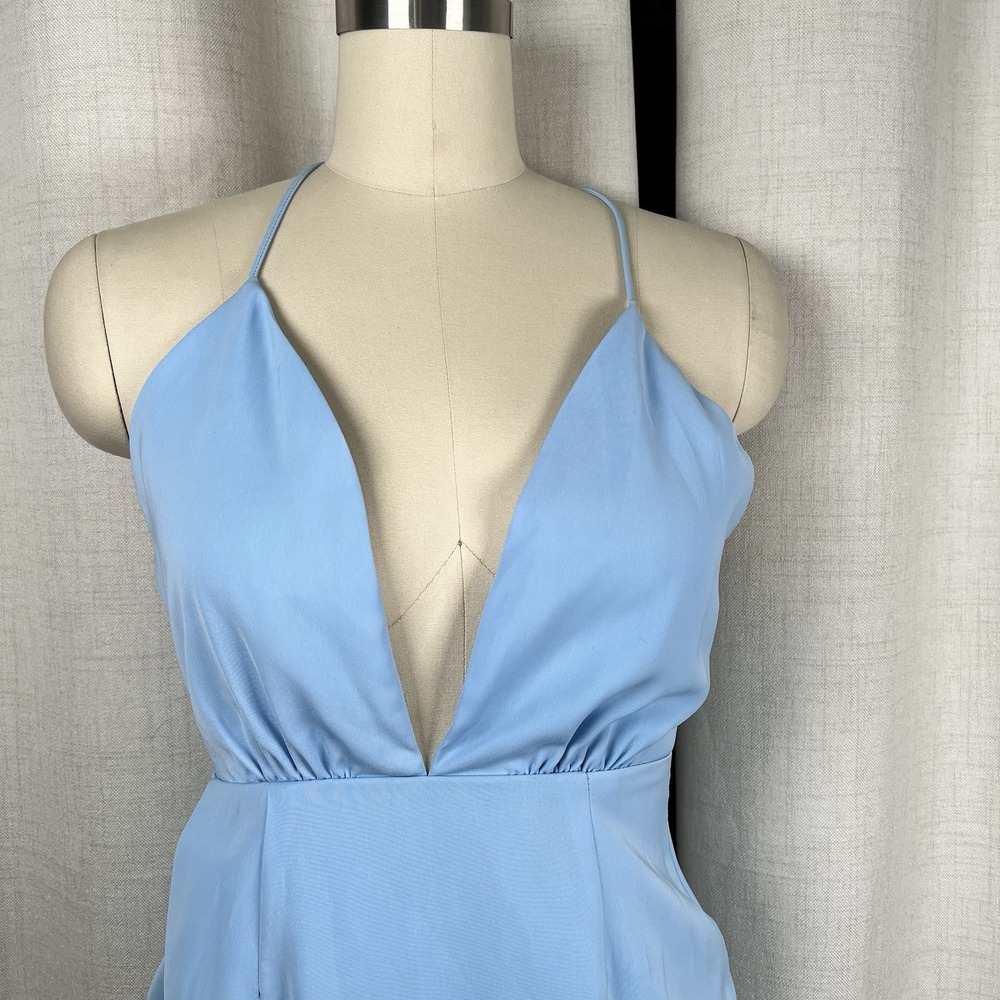 NEW! Superdown Revolve Vivian Deep V Mini Dress Light Blue Size Small Tulip Hem - Picture 2 of 10